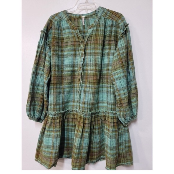 Free people Alexa Plaid Mini Dress XL Green and Brown bohemian boho NEW - Picture 5 of 11